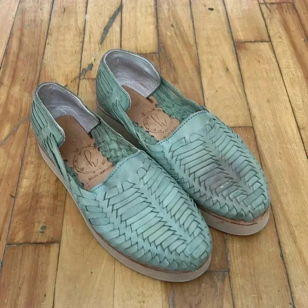 Leather woven platform‎ turquoise sandals Huarache